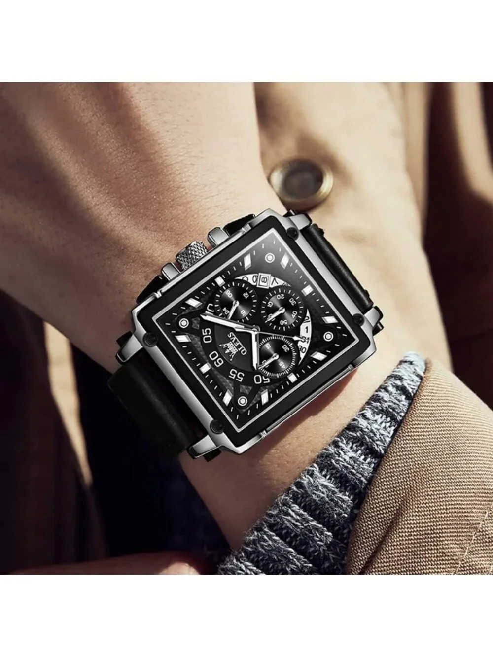 Men's Silver Black Quartz Leather Strap Waterproof Trendy Square Dial Wristwatch